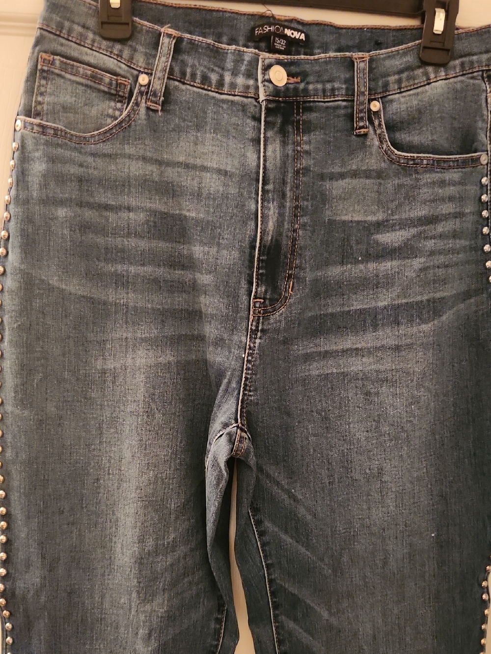 Fashion Nova Men's Medium Blue Denim Jeans with Side Studs